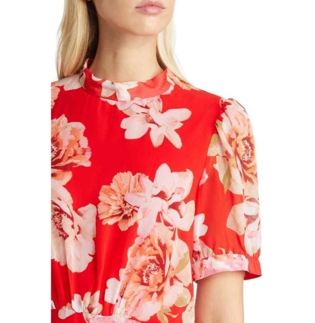 Julia Jordan Floral Print Puff Sleeve Mock Neck Midi Dress Size 12 Red Multi NWT