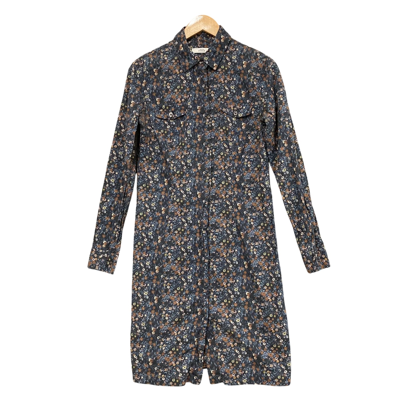 0039 Italy Dress Womens M Multicolour Floral Shirt Knee Long Sleeve Cotton