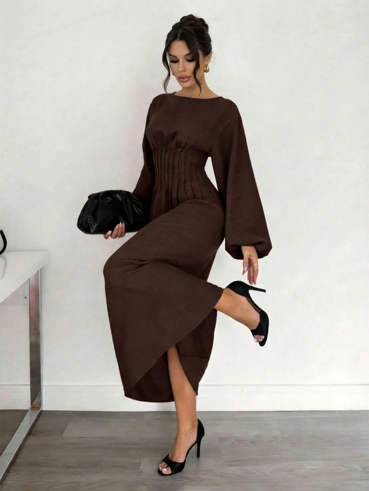 Elegant Burgundy Fitted Long Sleeve Dress