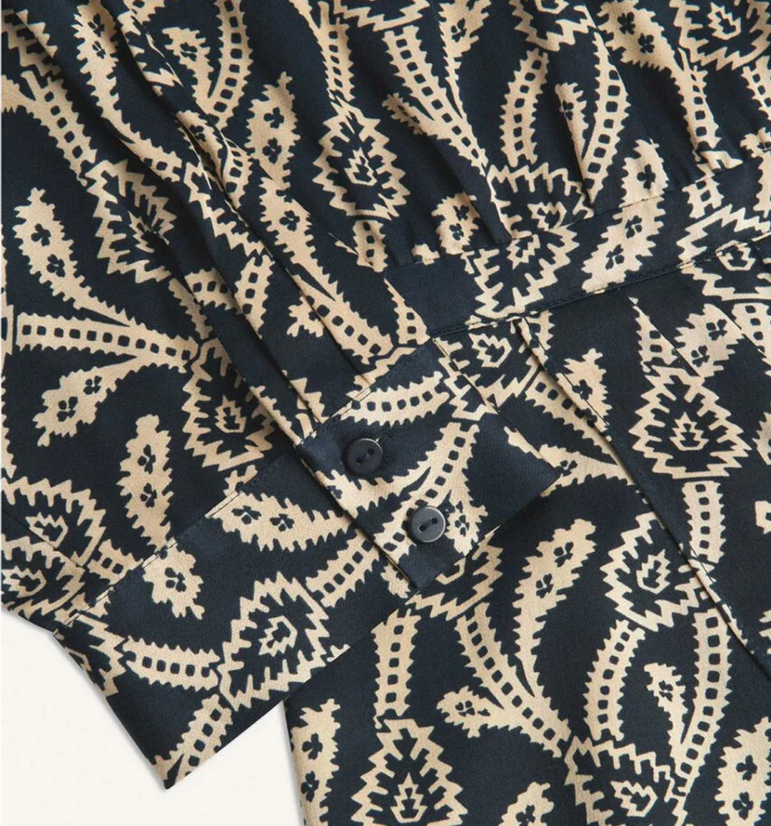 BA&SH Opal Wrap-Effect Navy Cream Paisley-Style Midi Dress RETAIL $425