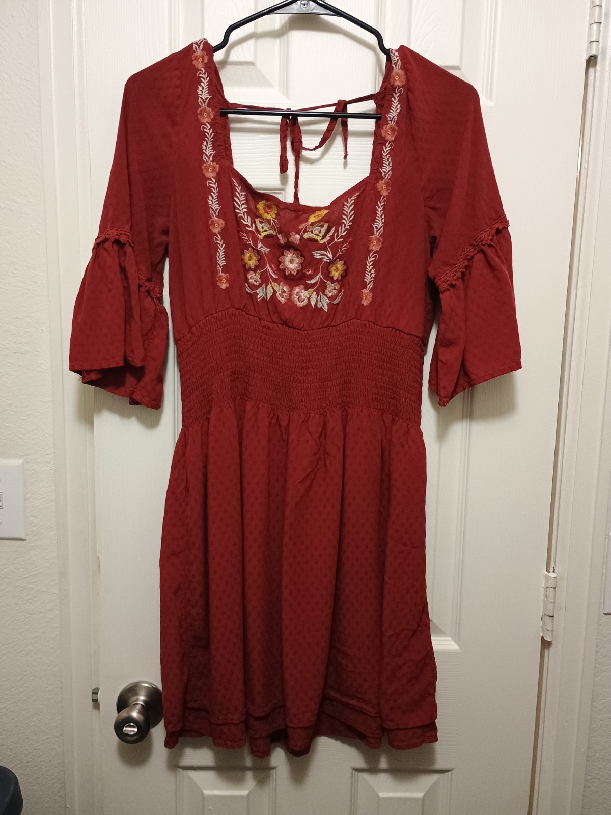 Francesca’s Blue Rain Dress Red Embroidered Bohemian Style Size M