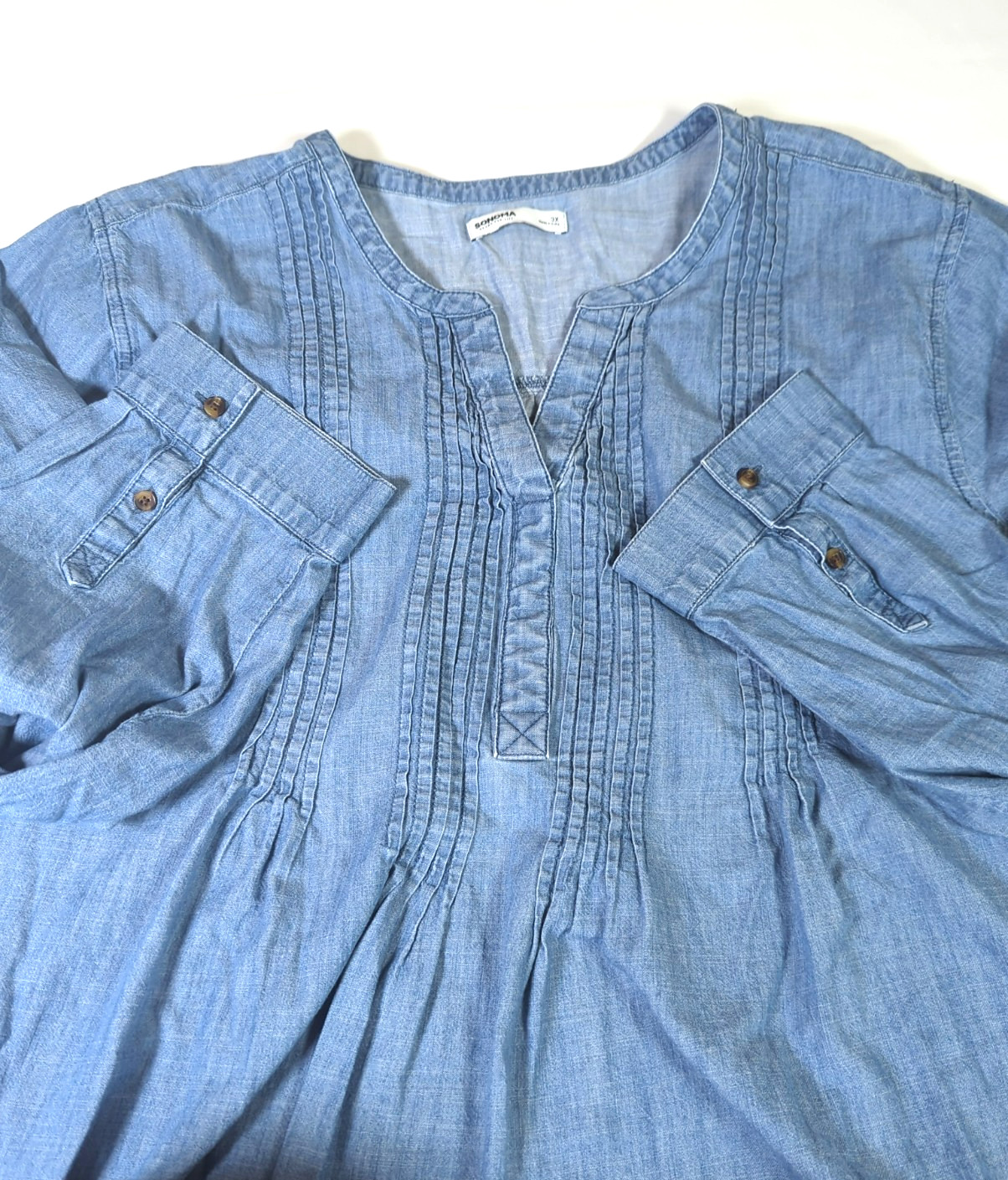 Plus Size 3X Shift Tunic Dress Cotton Lg Sleeve Pintuck Chambray Blue Relaxed