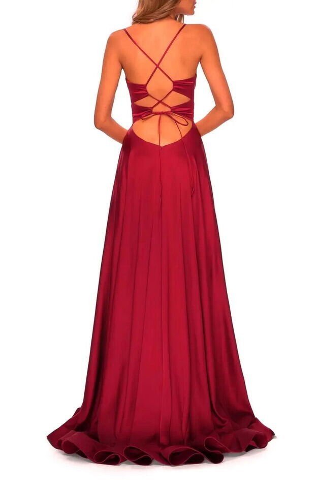La Femme Wine Red Strappy Back Side Slit Satin Ballgown Size 2 $368