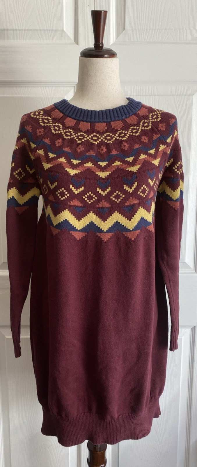 MODCLOTH XL Fair Isle Cozy Commitment Knit Burgundy Sweater Dress Geometric