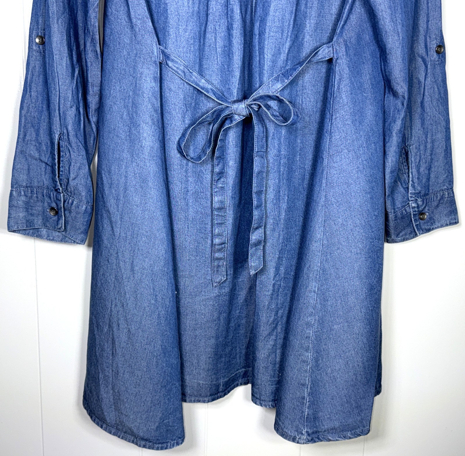 Splendid Blue Chambray Denim Tencel Button-Up Back Tie Roll Tab Shirt Dress L