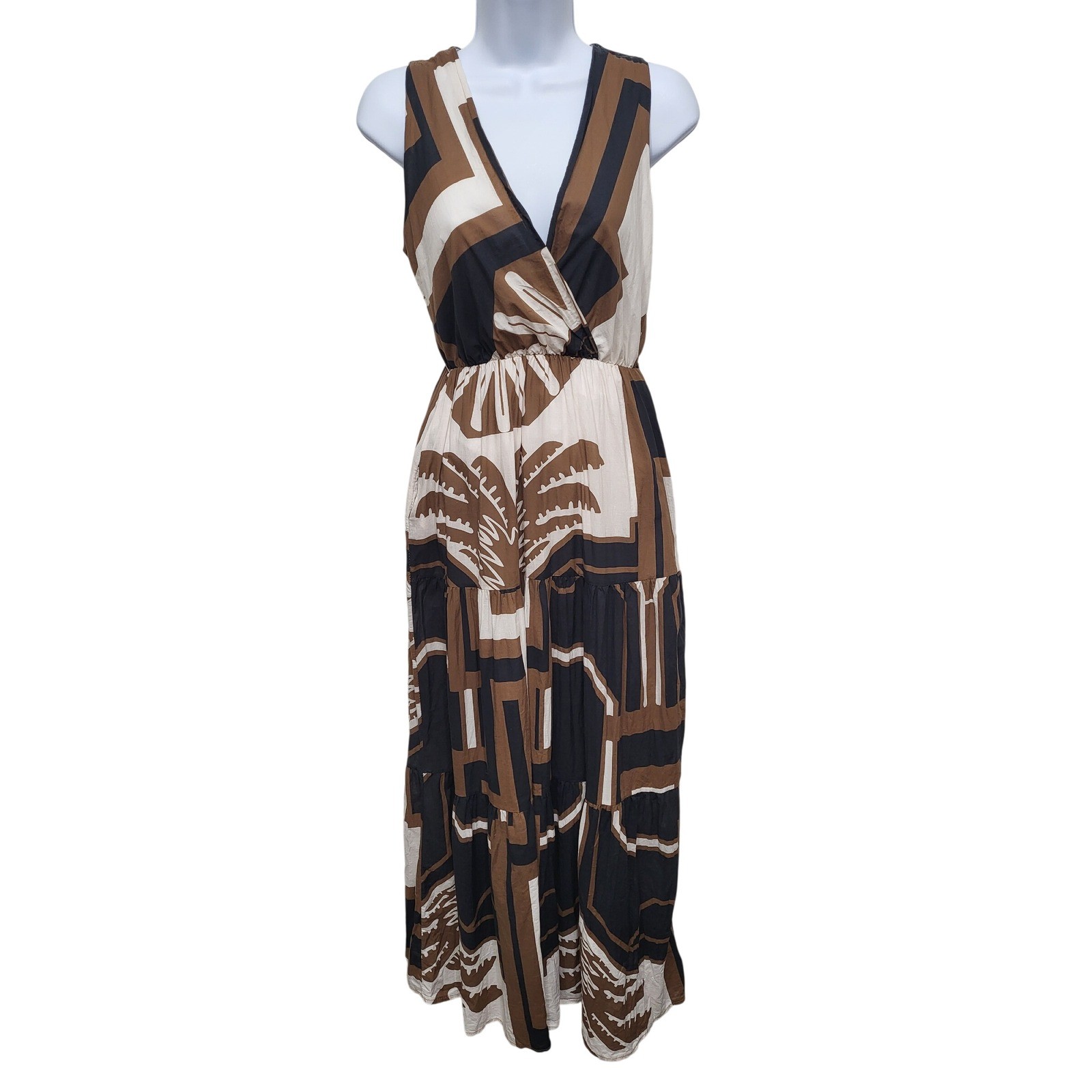 Boho Geometric Palm Print Maxi Dress Brown Black V-Neck Tiered Sleeveless L