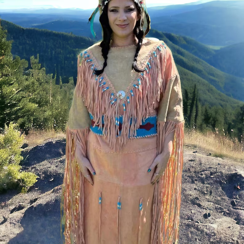 Women’s Beige Leather Long Fringes Beaded Belt wedding dress Powwow Regalia