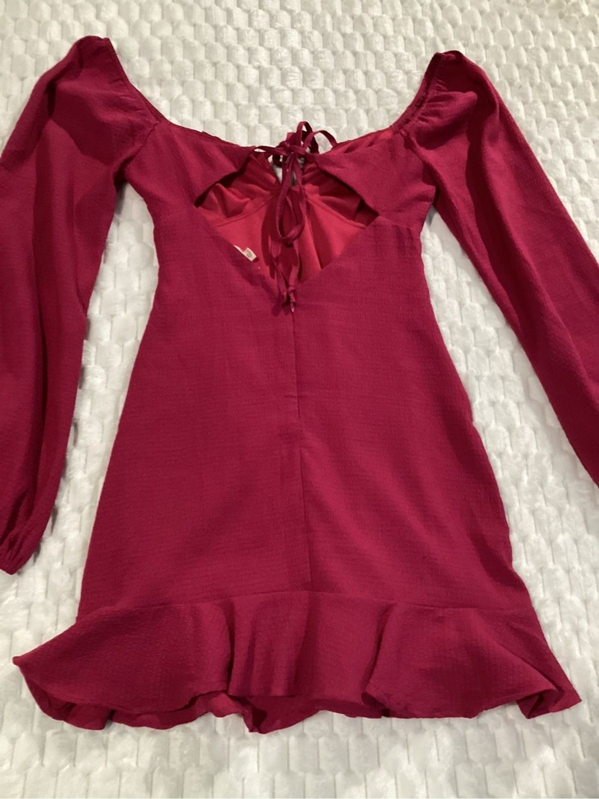 Source Unknown Fuchsia Long Sleeve Tie-Front Ruffle-Hem Mini Dress