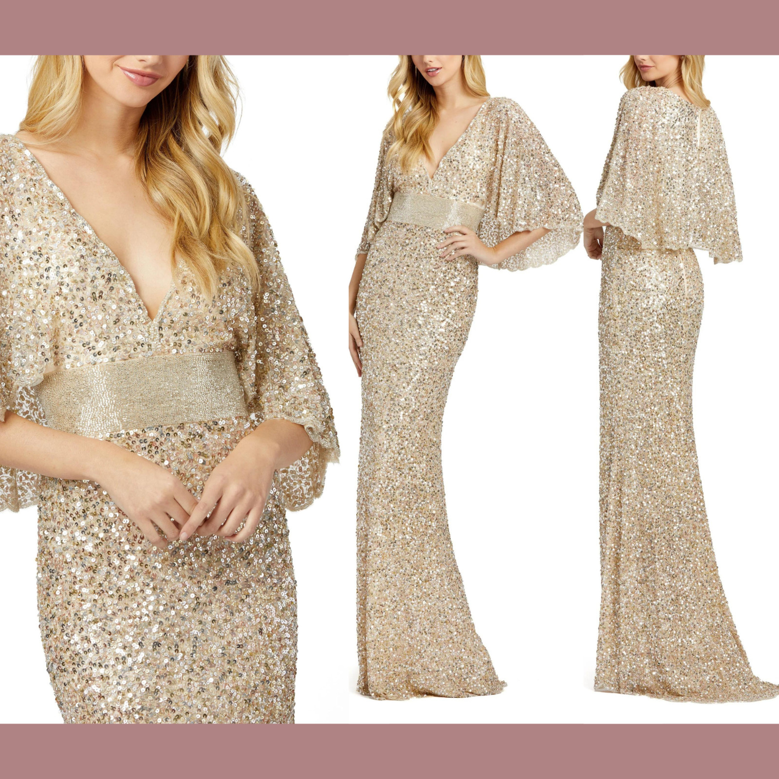 NEW $698 Mac Duggal [ 10 ] Sequined V Neck Cape Sleeve Beaded Gown Nude #Q704