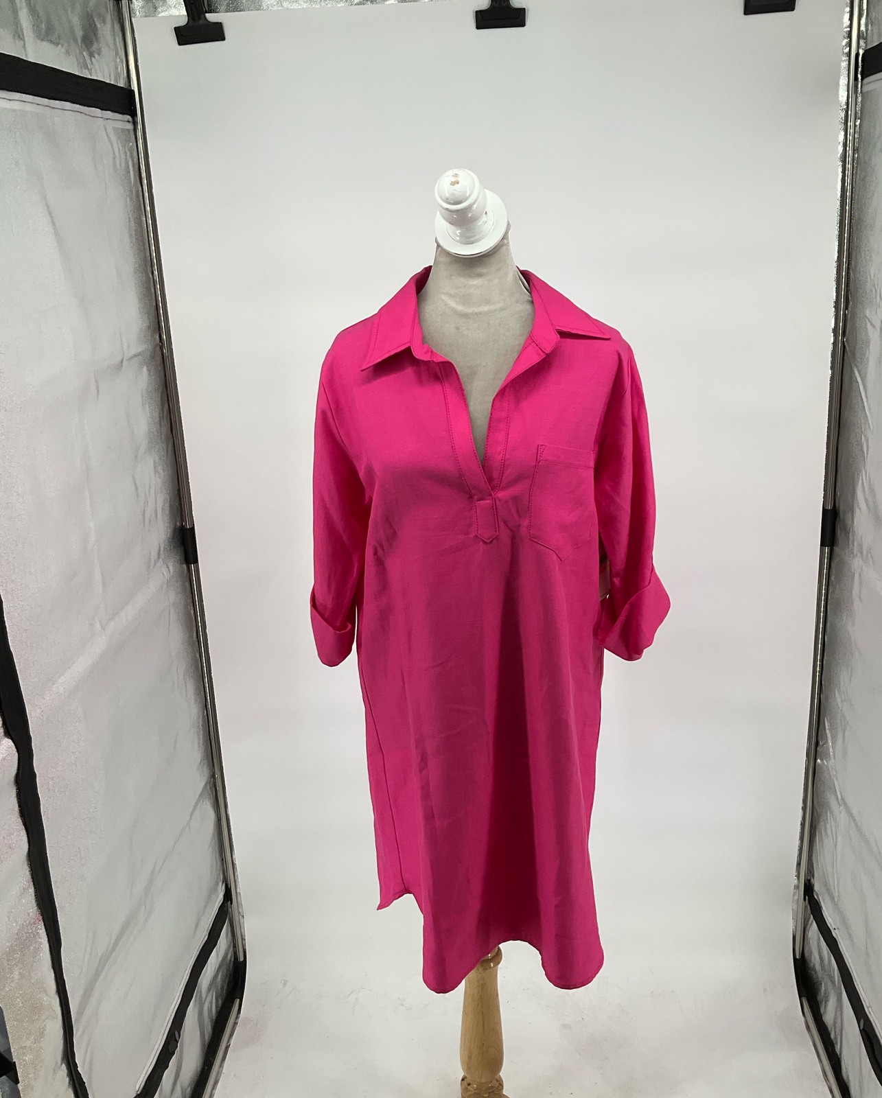 NWT Karen Kane Pink Roll Tab Sleeve Open Neck Shirtdress Size S