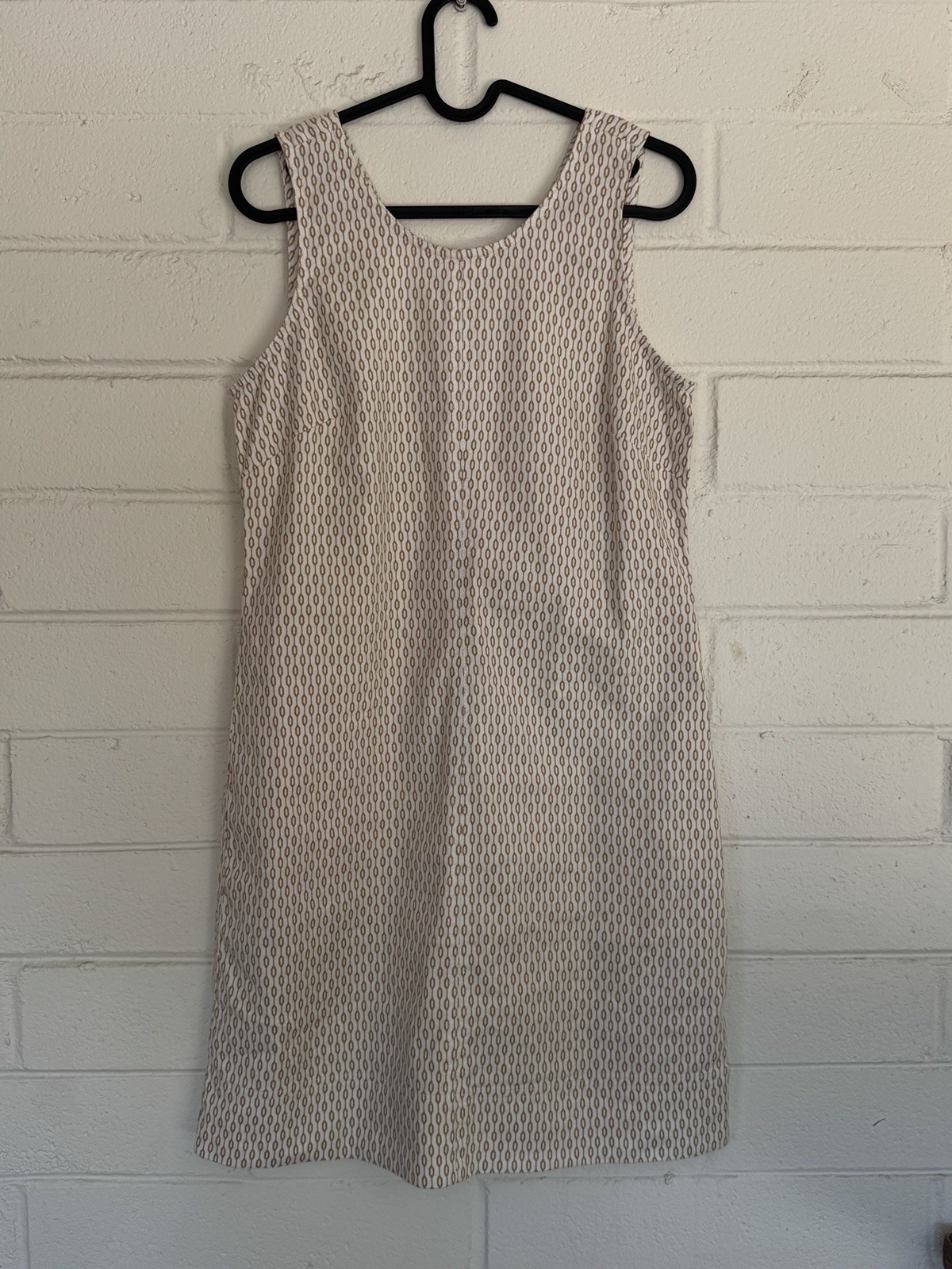 Tommy Bahama Linen Blend Beige White Geometric Shift Dress Sleeveless Zip S/P