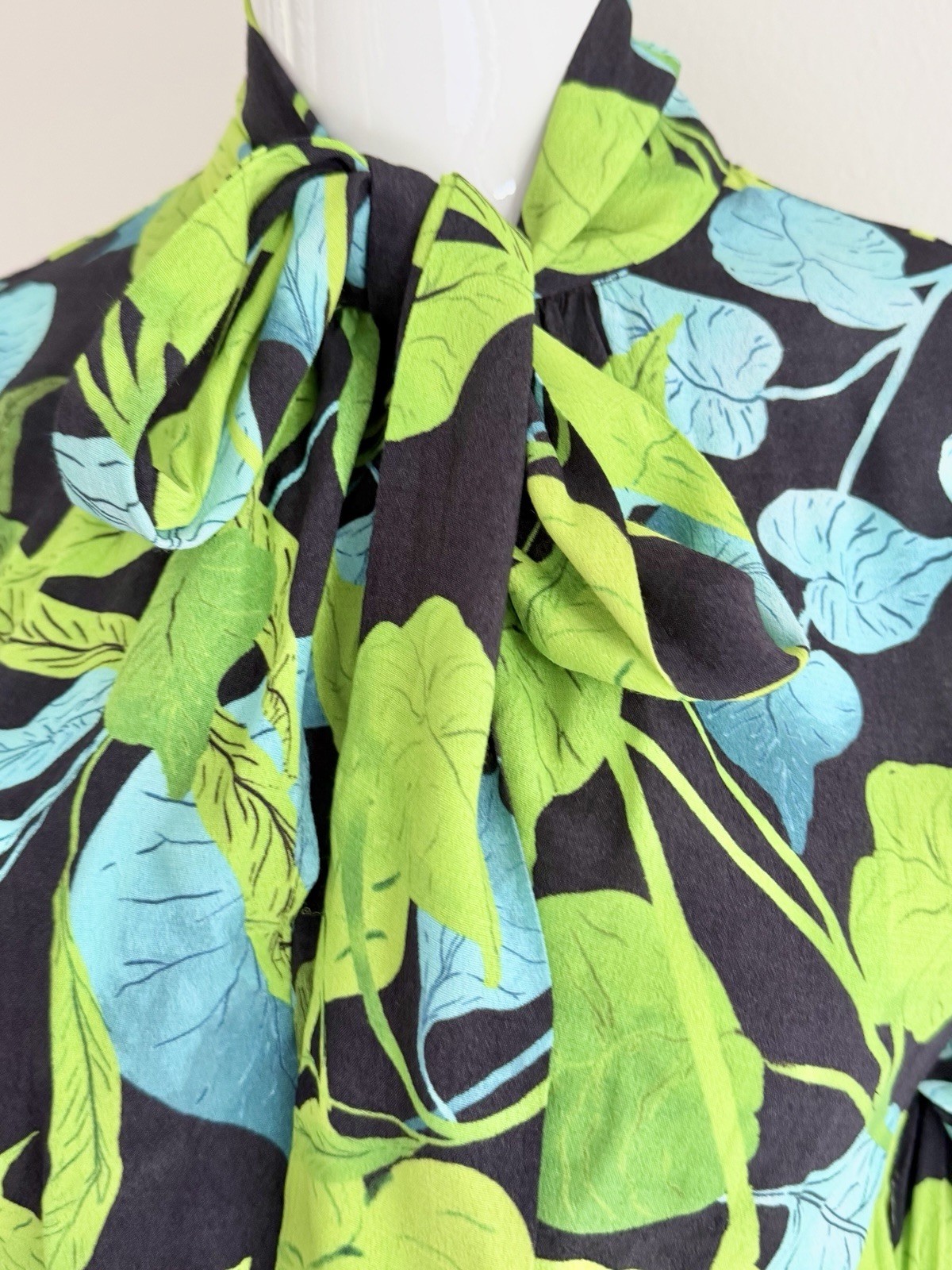 Husk Maxi Dress Green Black Leaf Rare Print Long Sleeve Pussy Bow Size AU 8 S