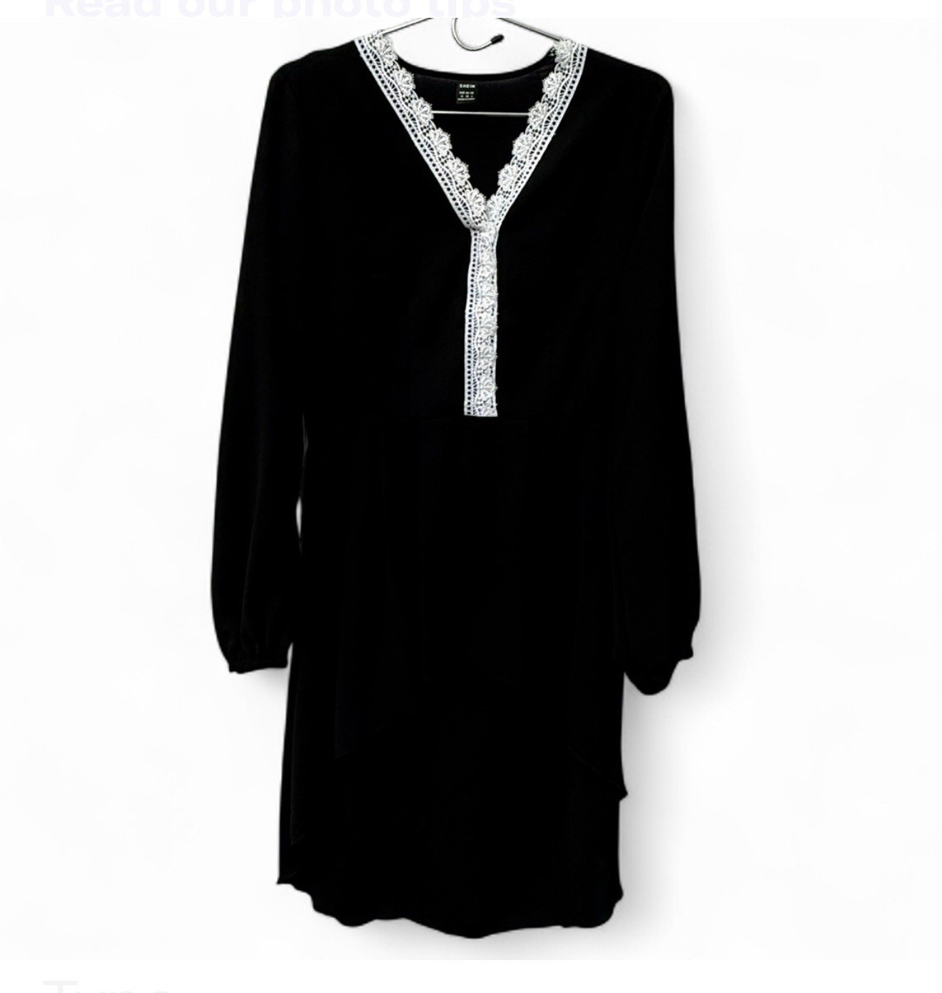 BLACK WHITE LACE TRIM VNECK HI-LOW DRESS, SIZE M, CHEST 34 IN, LENGTH 27 IN