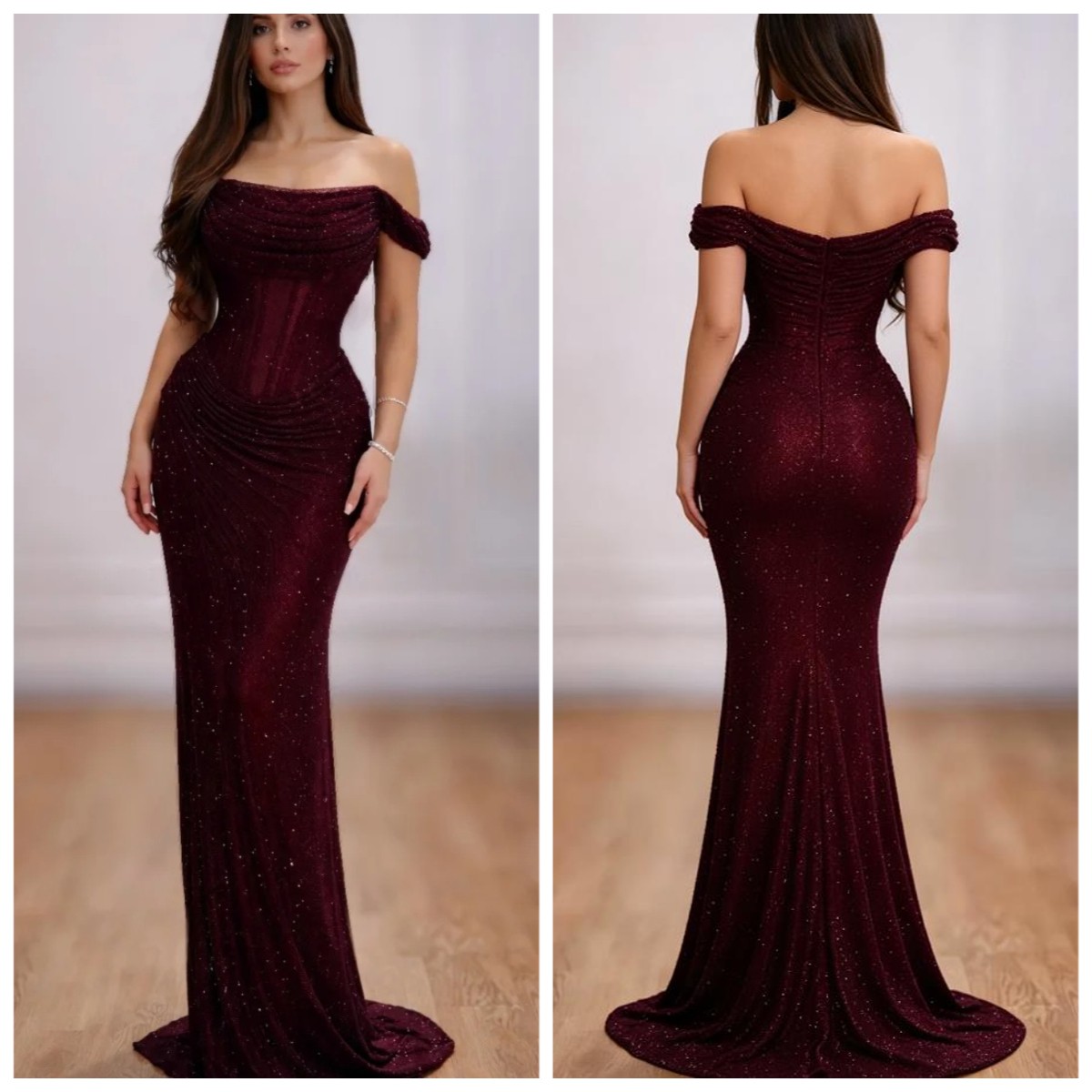 Burgundy Off Shoulder Ball Dress Sparkling Mermaid Prom Dress Satin Evening Gown