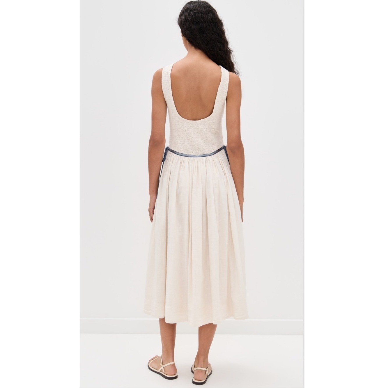 Free People Nightingale Smocked Seersucker Midi Dress in Tea Navy Combo New!