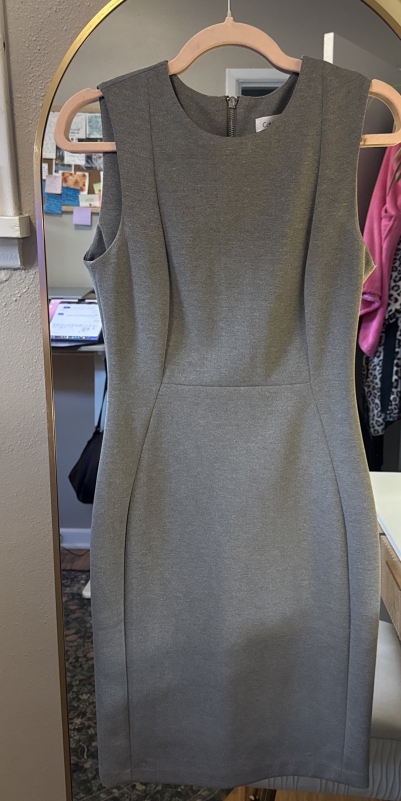CALVIN KLEIN Woman Size 4 Heather Gray Neoprene Scuba Stretch Sheath Dress Work
