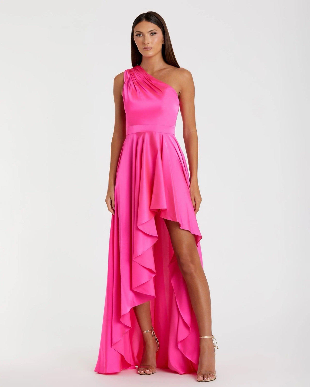 Mac Duggal Size Large 49668 Pink One Shoulder Satin High Low Gown Formal Dress