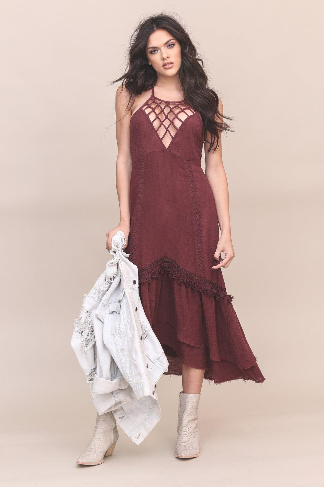 NWT~SOME DAYS LOVIN~Eggplant CROCHET & FRINGE Macrame BOHO Linen DRESS~S~NEW!