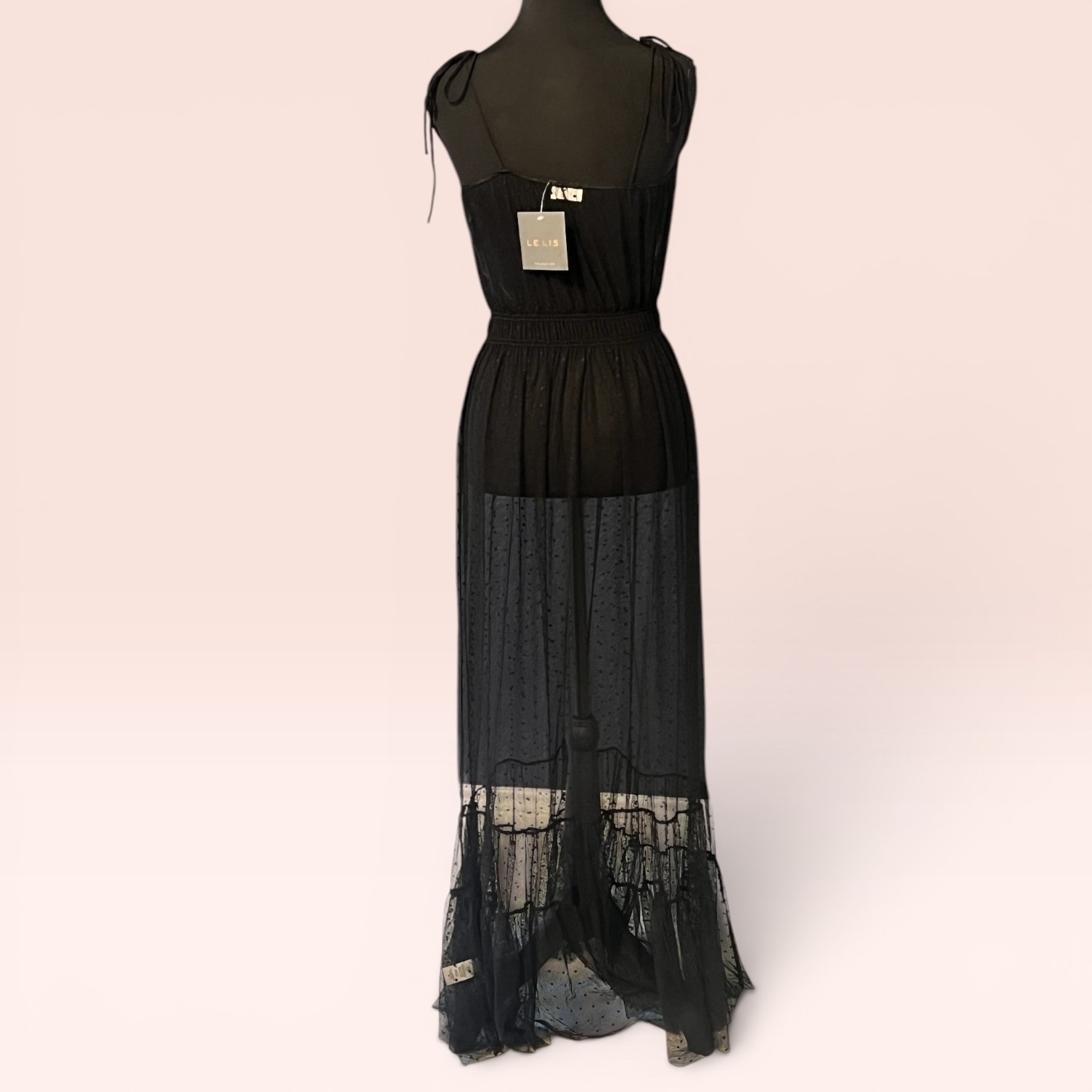 NWT LELIS Sheer Polka Dot Mesh Maxi Dress Black Gothic Tulle Tiered Ruffle USA M