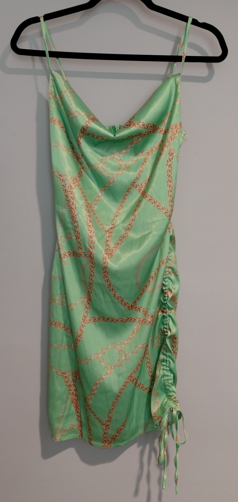 AKIRA Neon/Lime Green Gold Chain Print Satin Mini Dress Small Ruched Cowl Neck