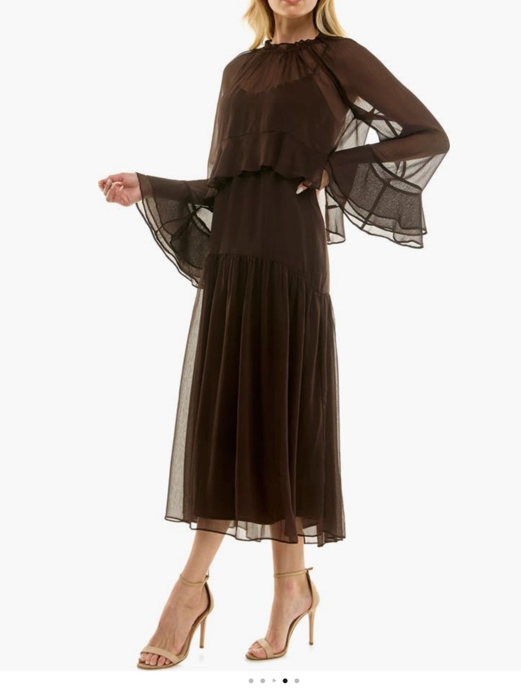 Socialite NWT Brown Chiffon Midi Dress & Sheer Bell Sleeve Overlay Set Size Med