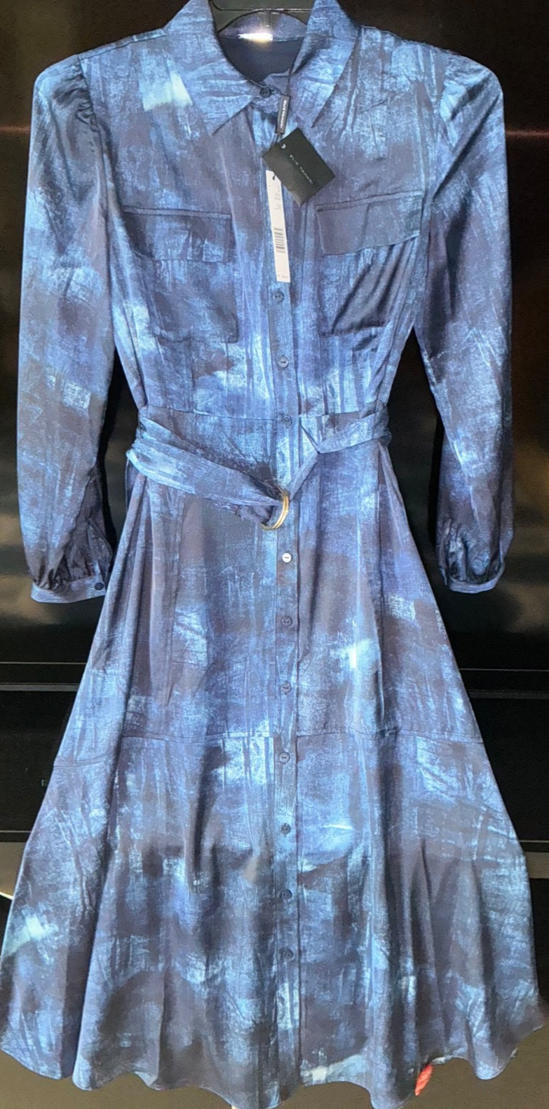 Elie Tahari Button Down Collar Navy Blue satin midi Dress Sz S Women’NWT$495