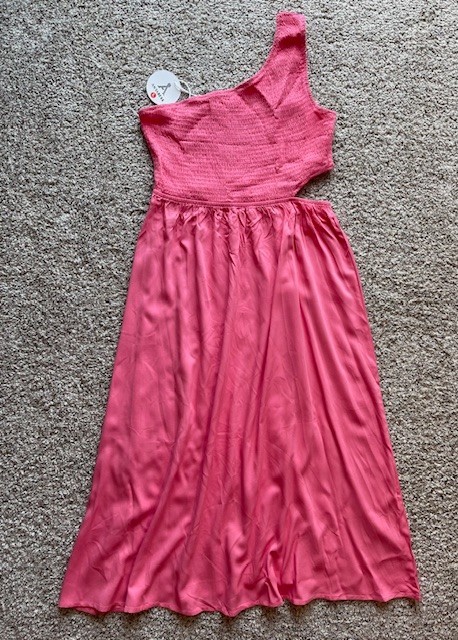 ANRABESS Smocked Top One Shoulder Cut Out Side Boho Preppy Dress Pink sz Large