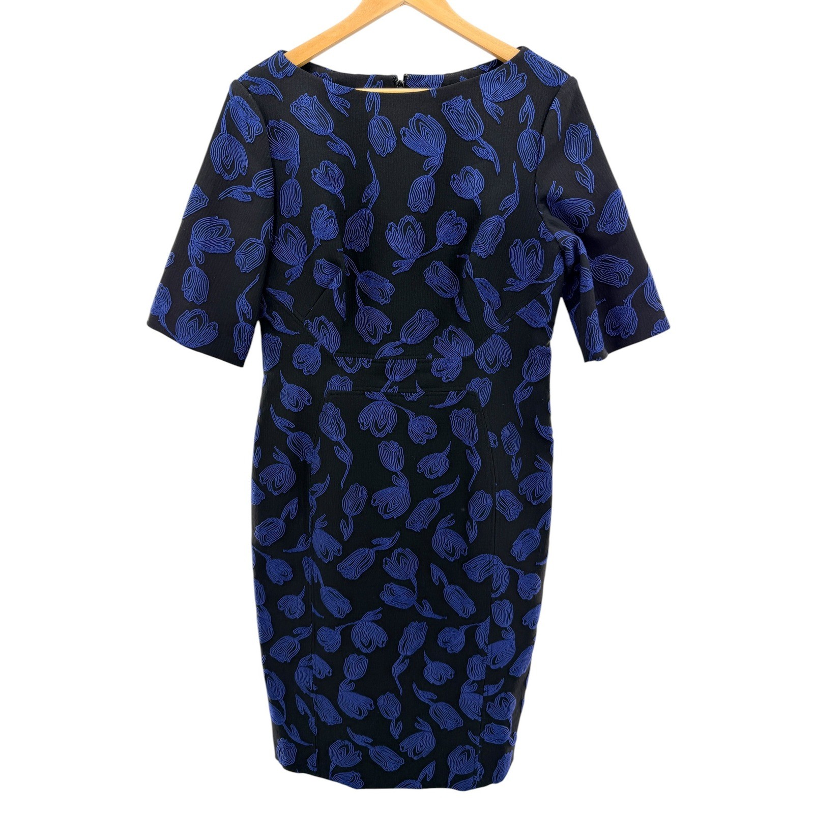 Lela Rose Tulip Floral Jacquard Sheath Dress Blue Black Cocktail Size 14 Classic