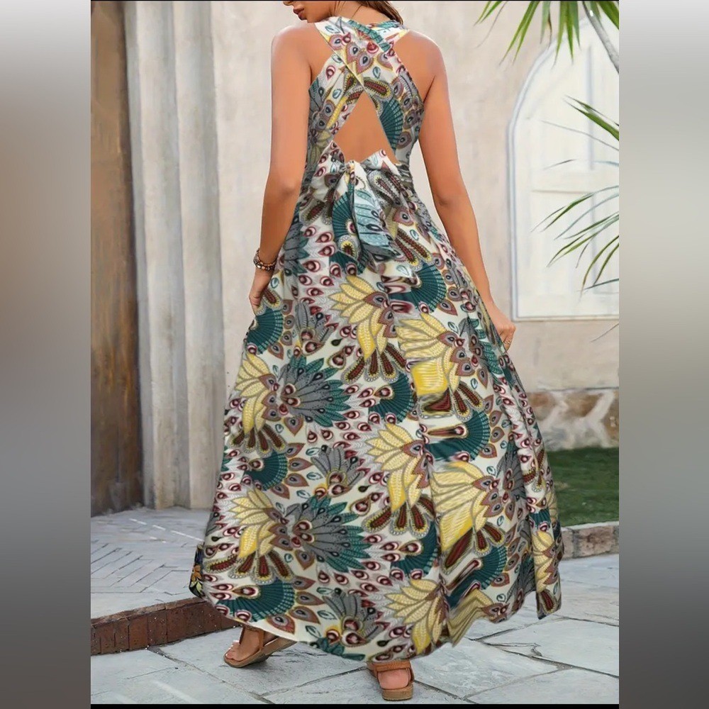 Feather Print Cross Strap Sleeveless High Waist Dress