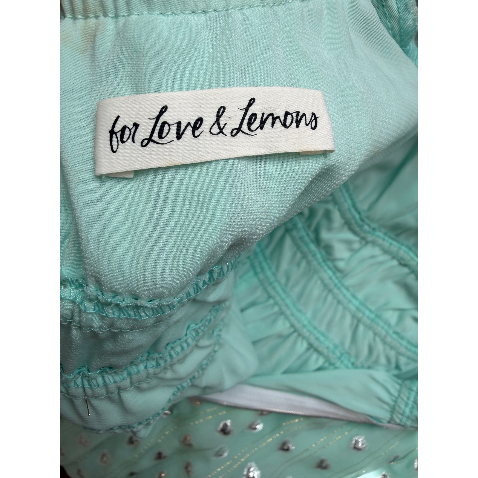 For Love & Lemons Mint Silver Heart Midi Dress – Size XS