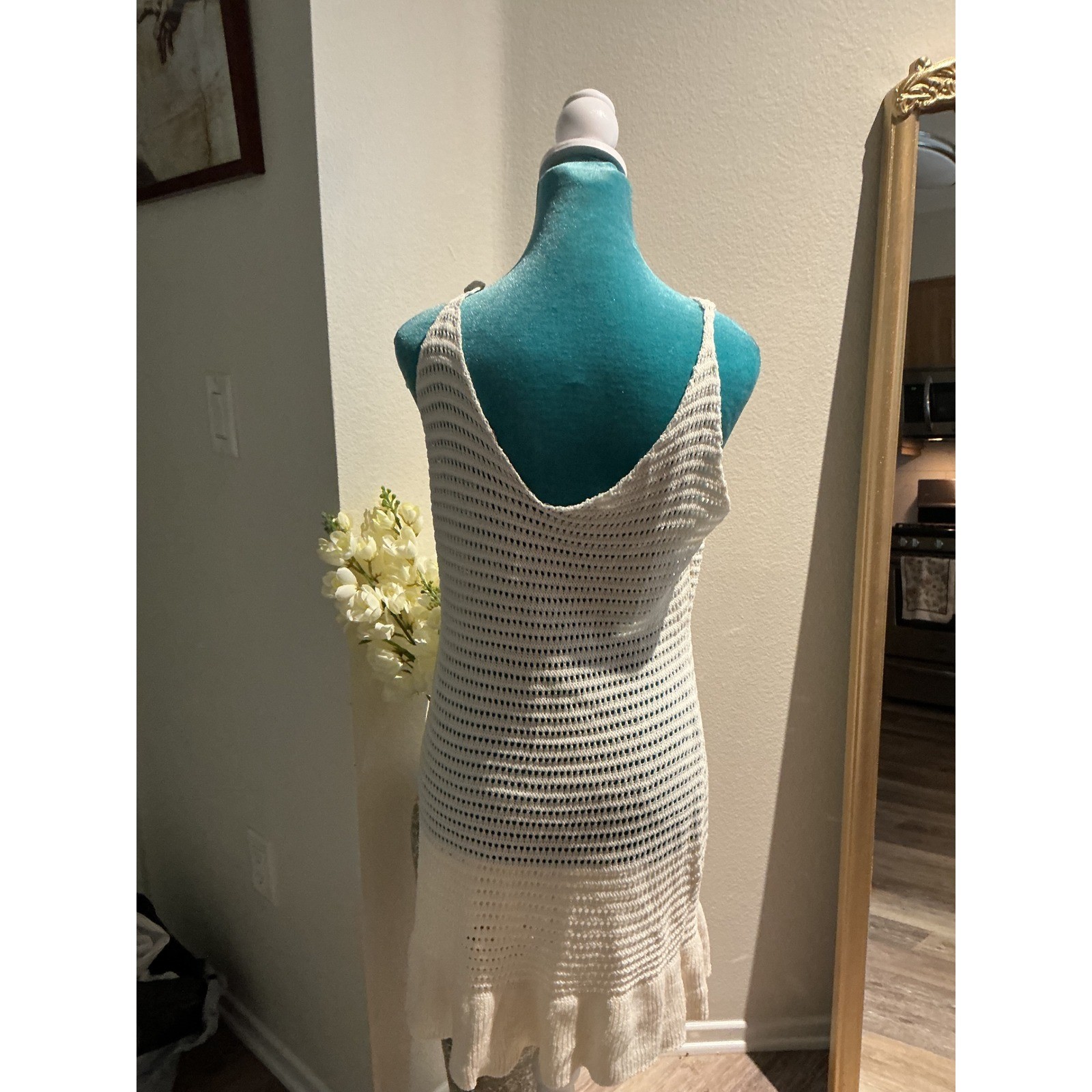 White Crochet Knit Mini Dress Sleeveless V-Neck Ruffle Hem Beach Cover Up Summer