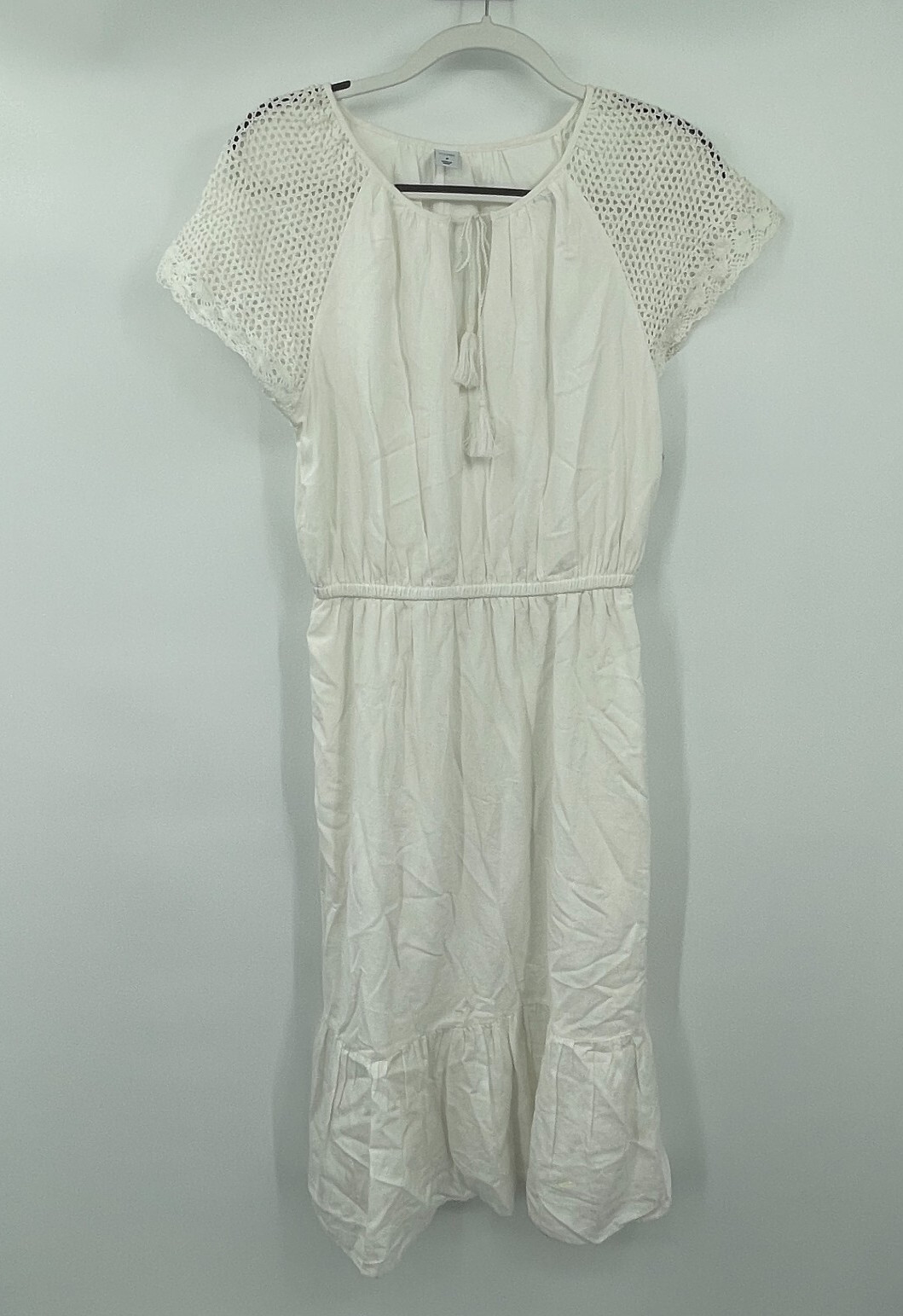 Old Navy Womens Dress Medium White Short Sleeves Tasseled Crochet Classic Lined