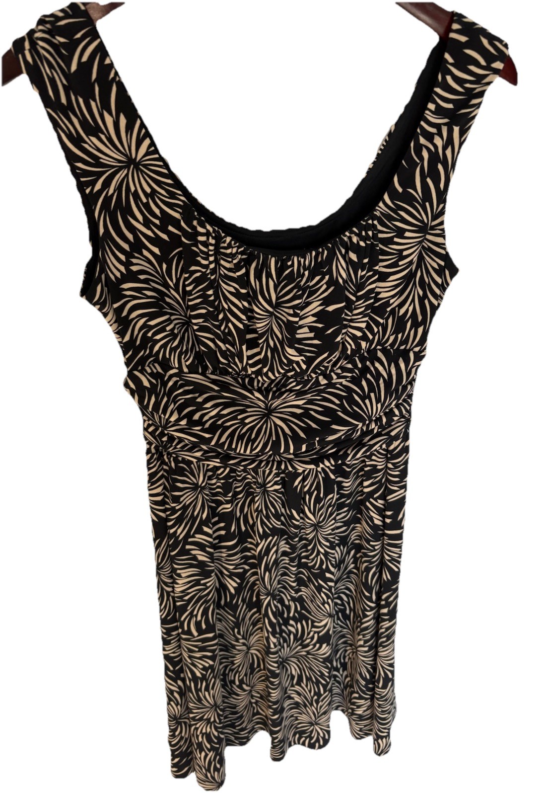 Maggy London Women’s Sleeveless A Line Midi Dress Rouched Waist Black Tan Sz 8