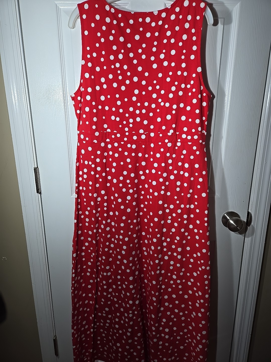 Chadwick Scarlet Red Polka Dot Print Cotton A-Line Maxi Dress Sz L, 54″ Length
