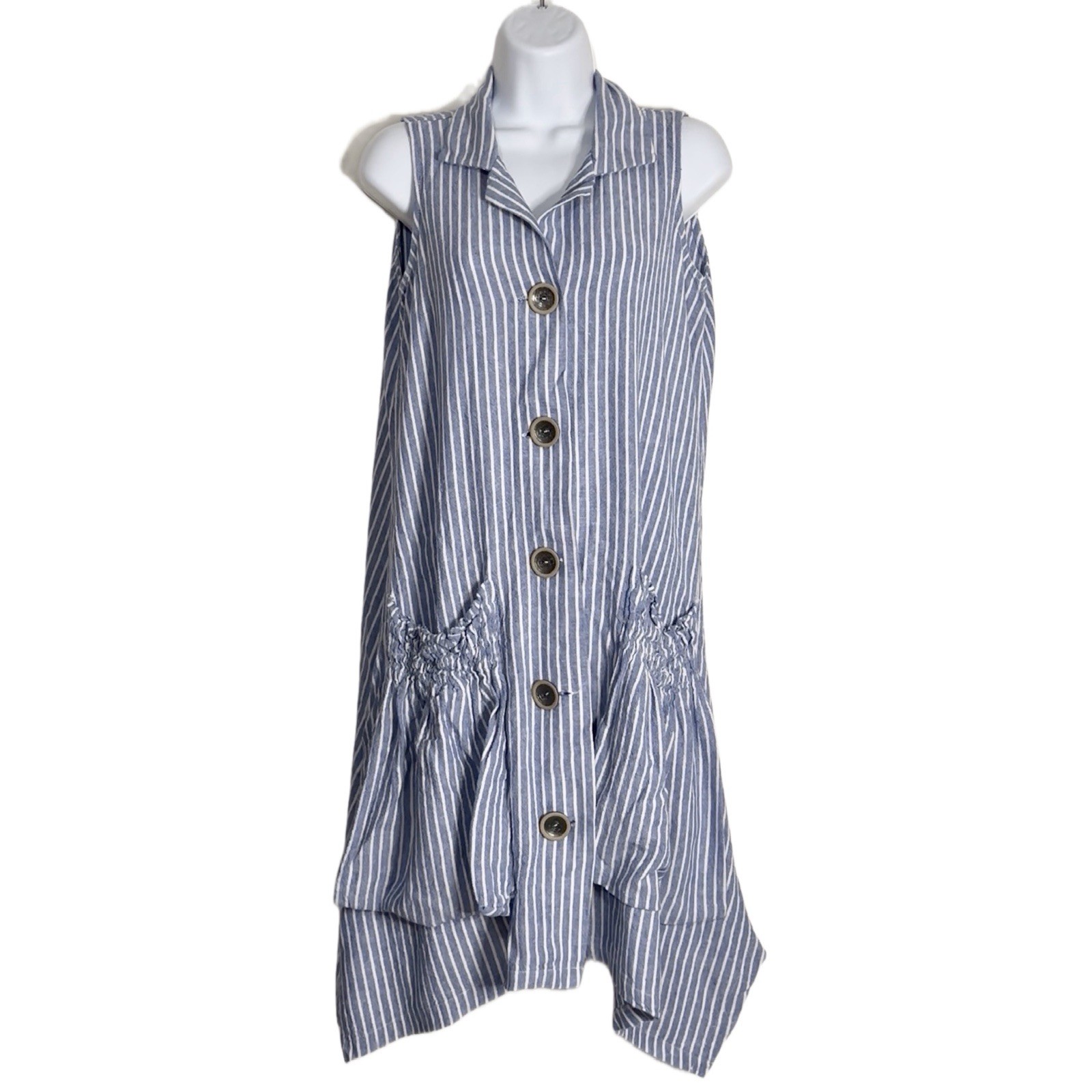 Forcynthia Sleeveless Flowy Linen Blue & White Stripe Button-Front Dress Size XS