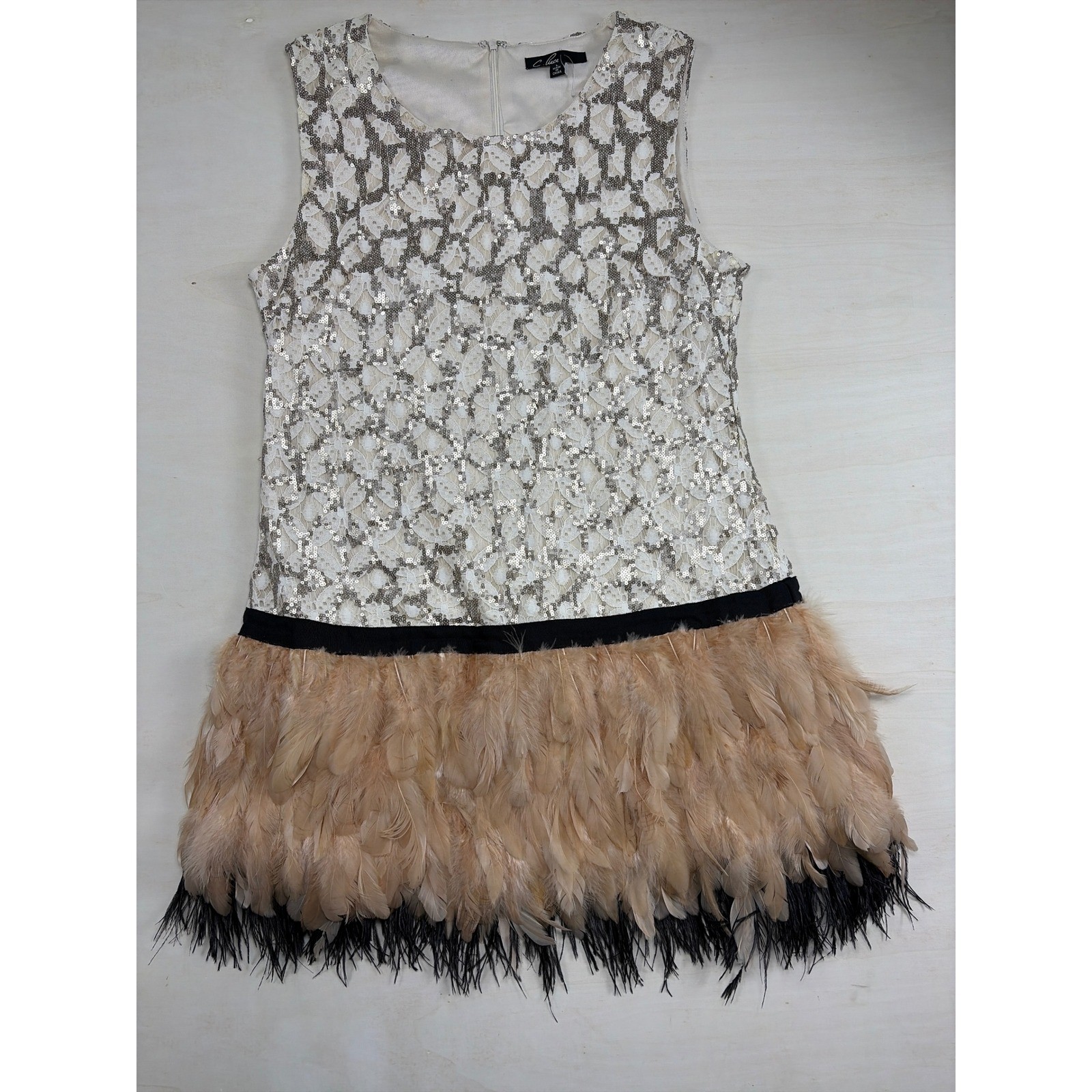 C. Luce Sequin Lace Feather Hem Mini Dress Cream Tan Black Size Large