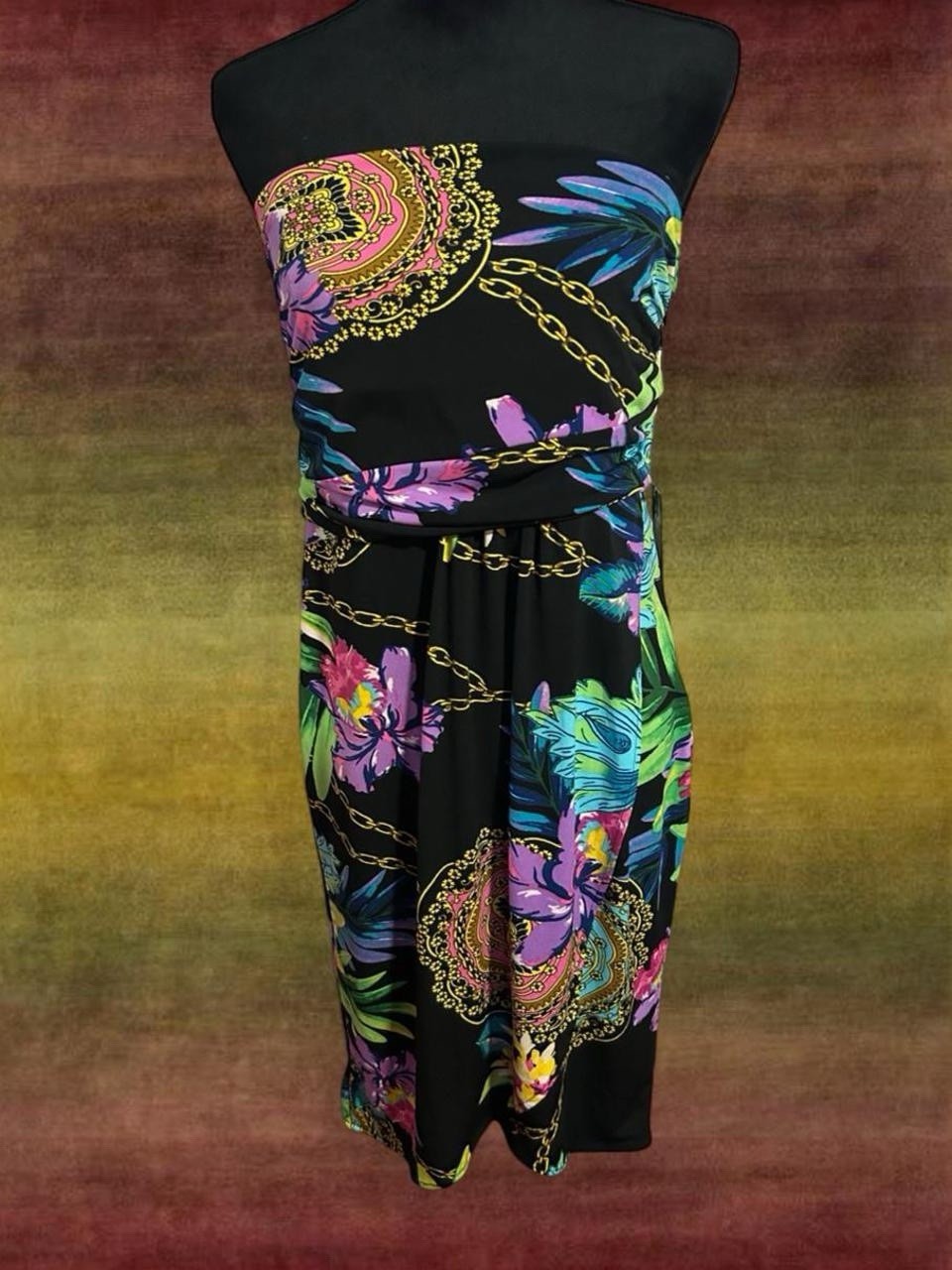 Jennifer Lopez Strapless Floral Chain Print Black Multicolor Dress L NWT