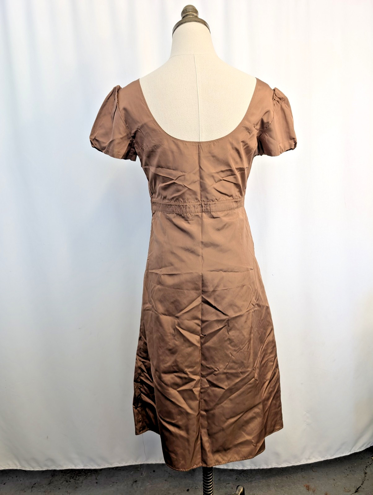 Burberry Silk Faille Puff Sleeve Shift Empire Bust Dress Tan Sz 44