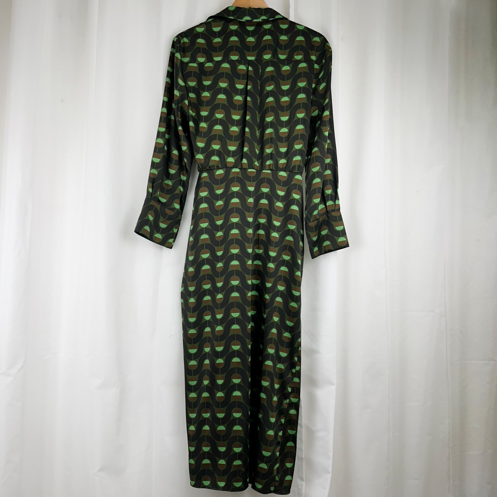 Zara Retro Mod Geometric Print Point Collar Wrap Midi Dress Green/Black/Brown L