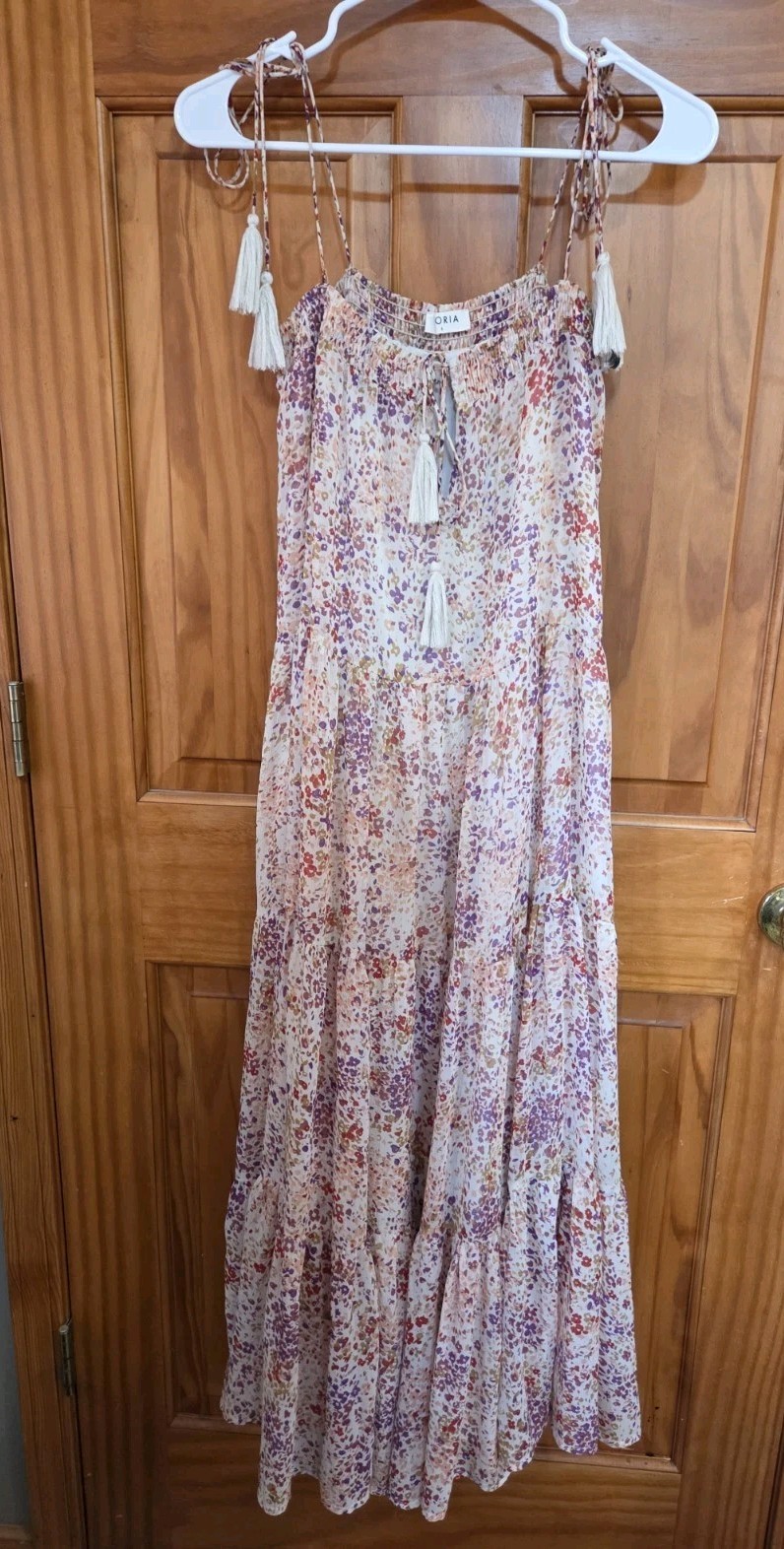 STORIA Ruffled Tiered Maxi Spring Sundress Sz S Tie Straps Boho Cottage Whimsy