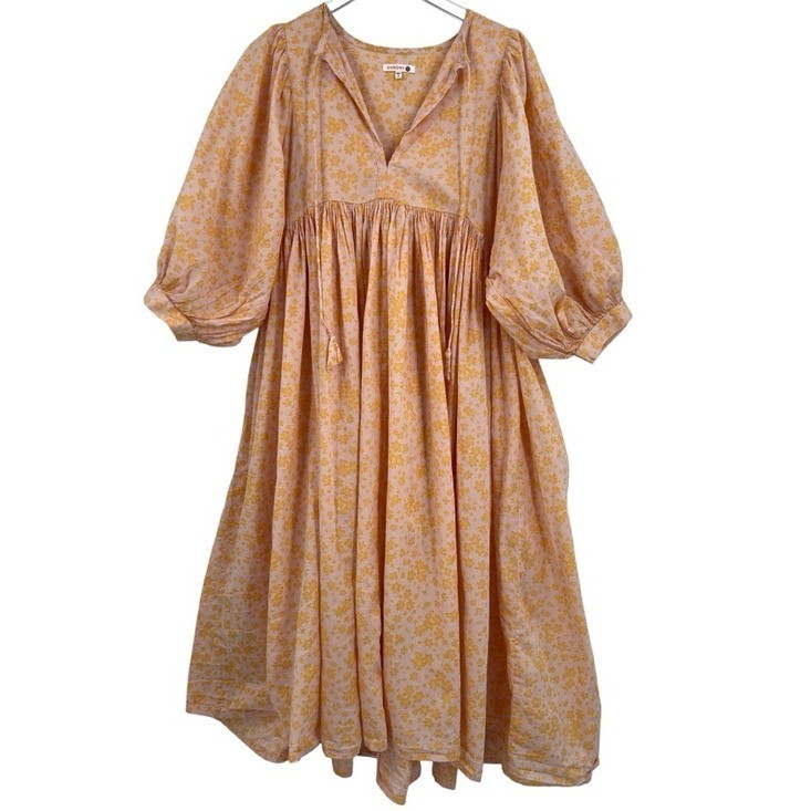 Sundry Cotton Boho Midi Dress Peasant Cottagecore Blouson Sleeve Floral Orange 3