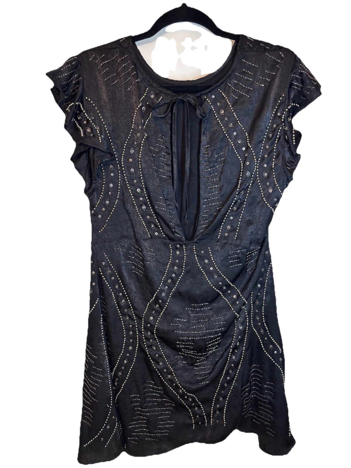Free People Black Beaded Ruffle Short Sleeve Mini Shift Dress Size S NWT $168