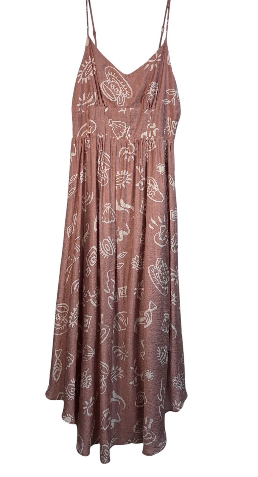 New BLU PEPPER Sz L Dress Maxi Brown Pink Coffee Fish Shell Adj Straps Flowy NWT