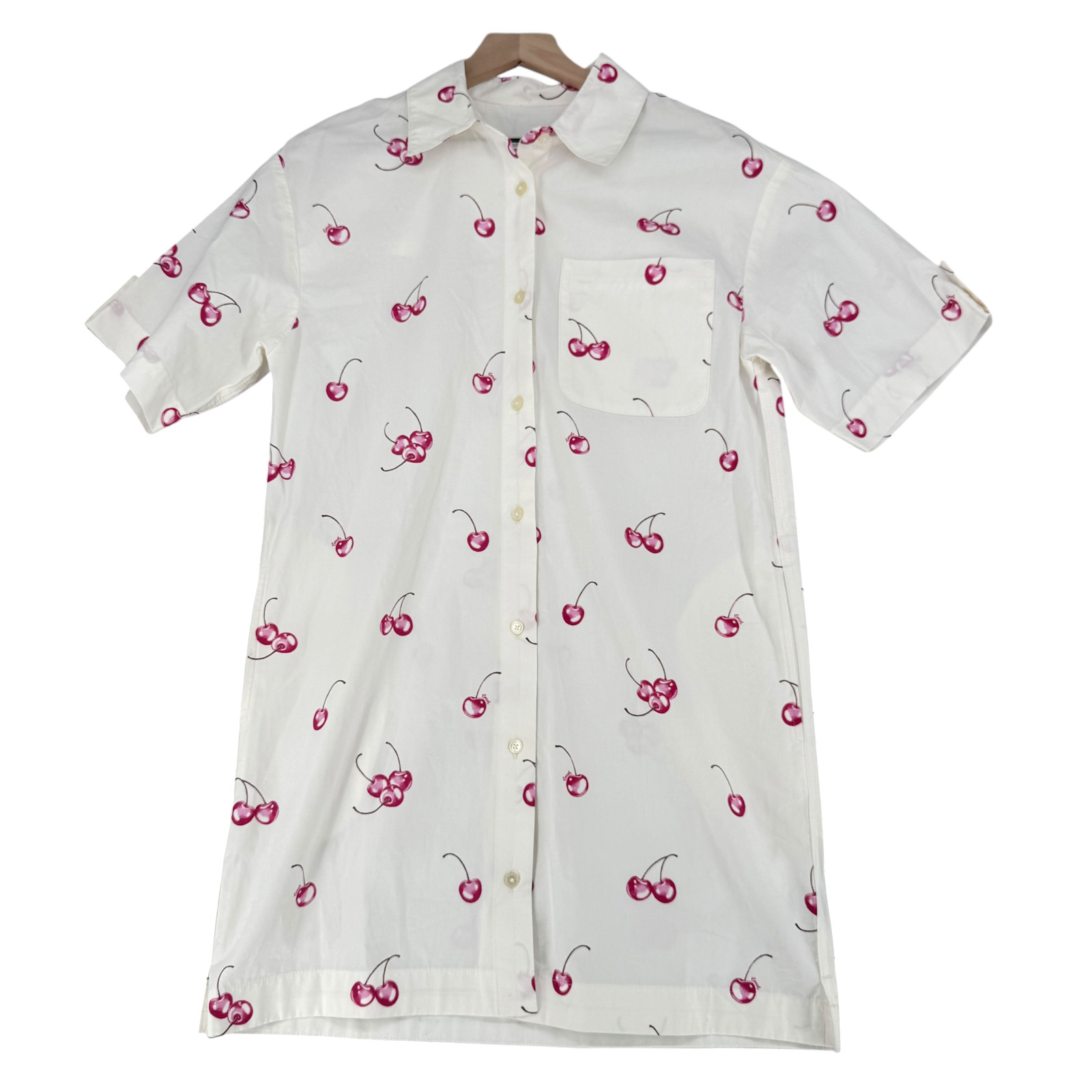Coach Cherry Button Front Dress XS Cotton White Collared Pockets Preppy CQ848
