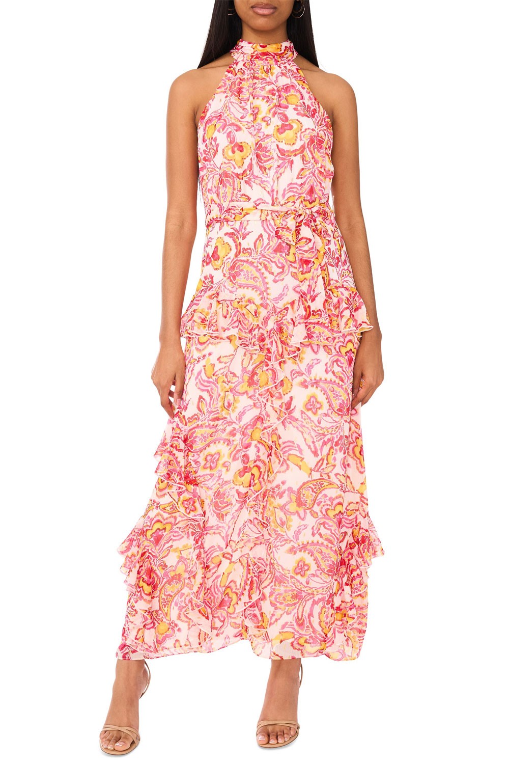CeCe Womens Printed Sleeveless Tiered-Ruffle-Trim Maxi Dress 16 Magenta – NWT
