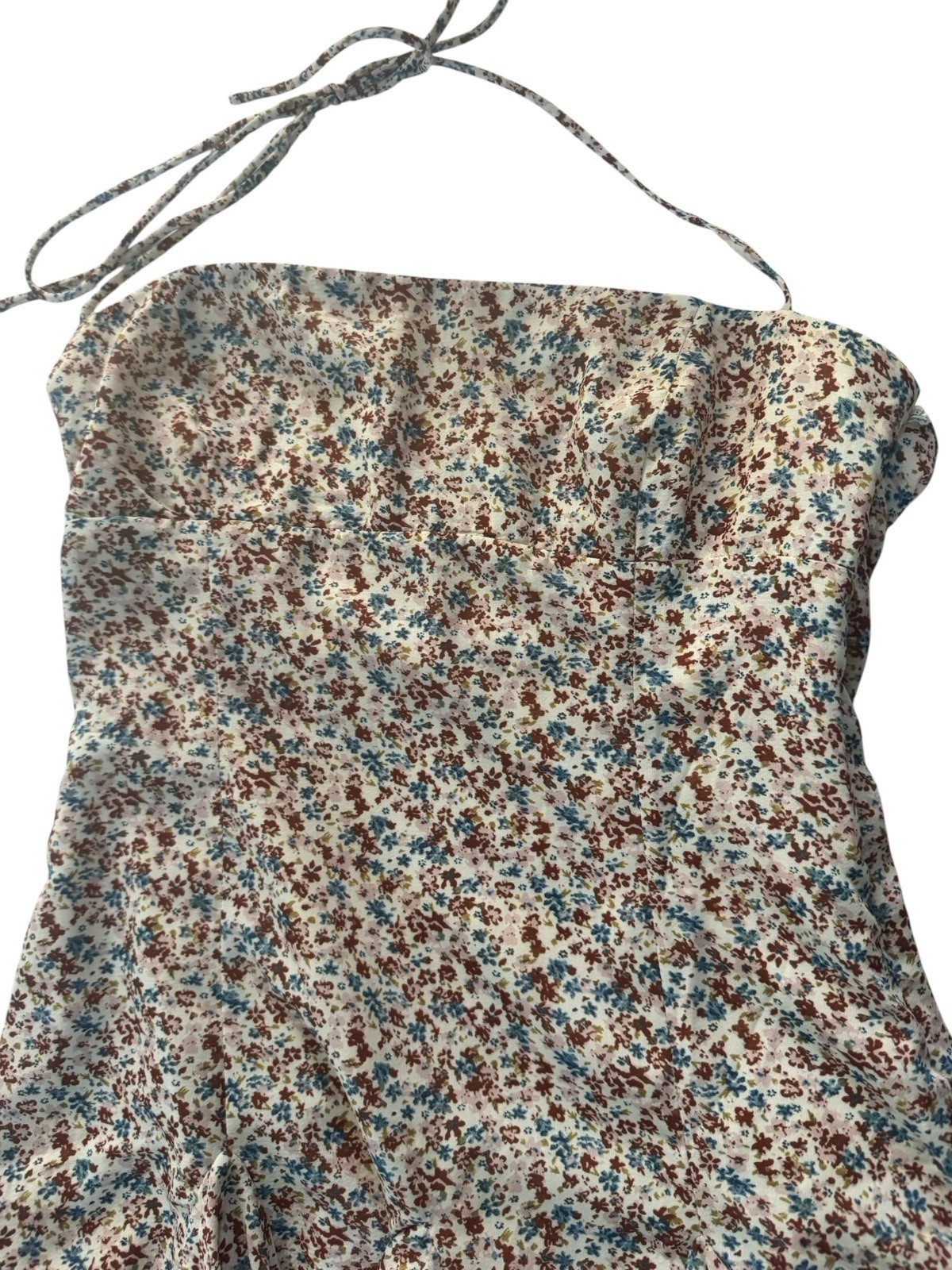 PRINCESS POLLY SZ 4 Mini Dress Brown Blue Floral Fit & Flare Halter Strap #5121