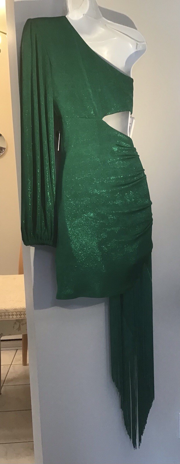 NADINE MERABI ONE SHOULDER MINI DRESS WITH FRINGE DITAIL NIKKI GREEN DRESS S/M