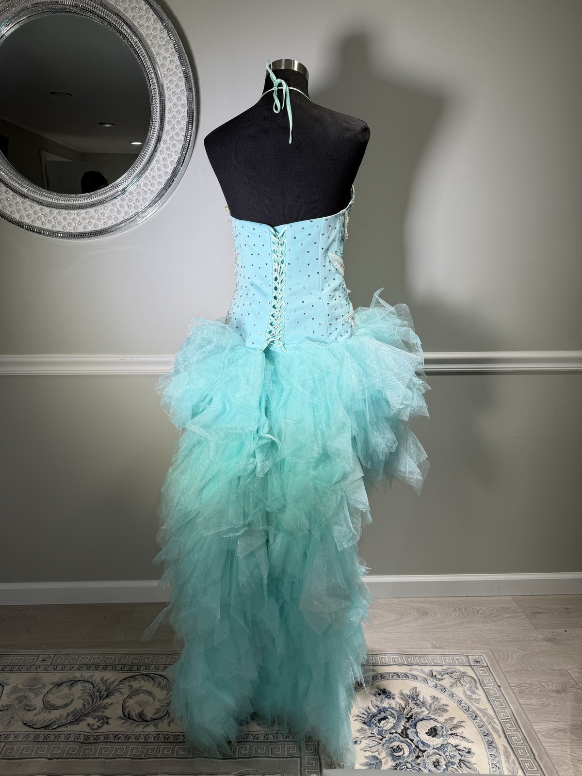 Mint Rhinestone Beaded Corset Strapless Tulle Mini Gown Size 10-12