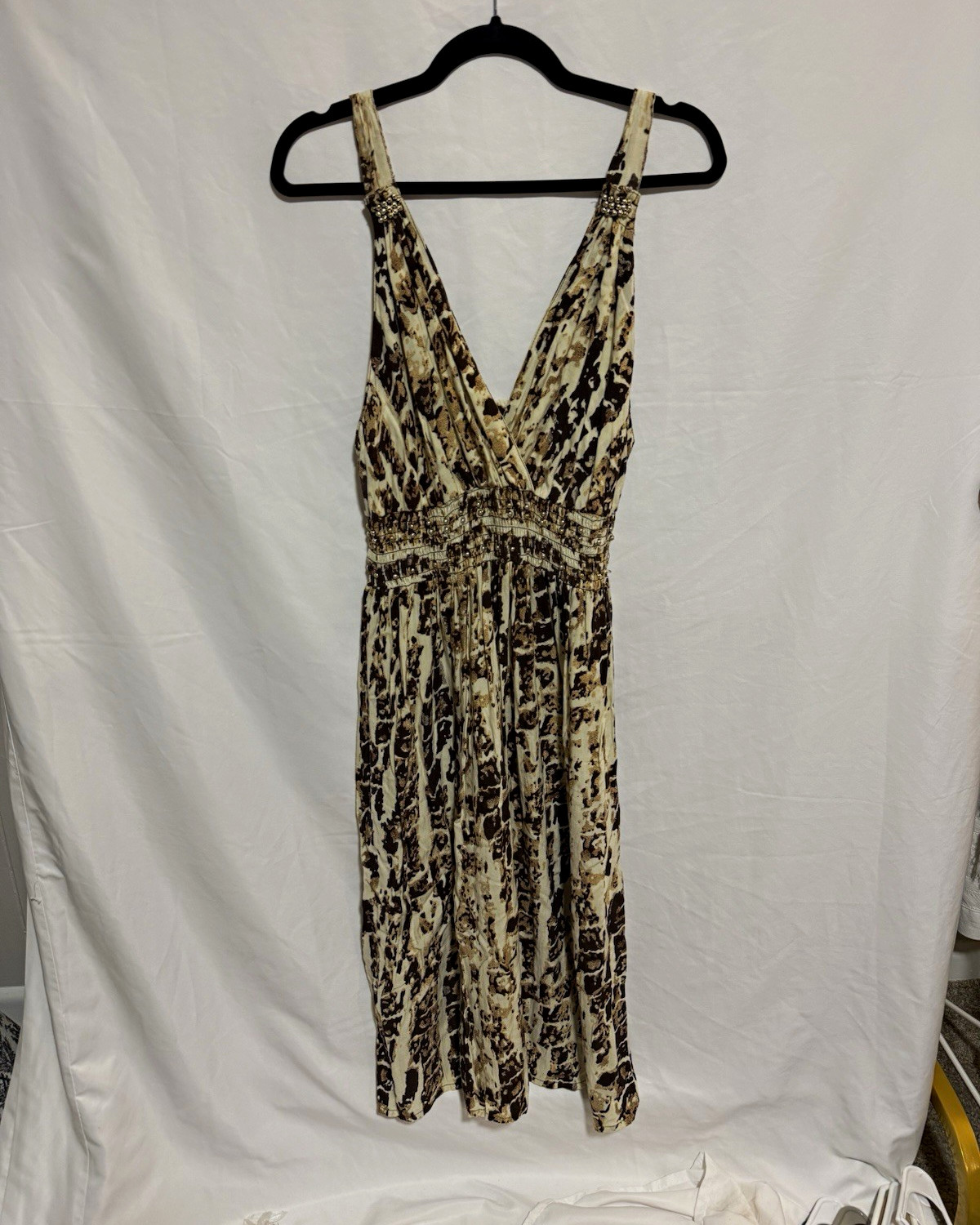 Cassee’s Beige Brown Animal Print A-Line Dress V-Neck Smocked Beaded L