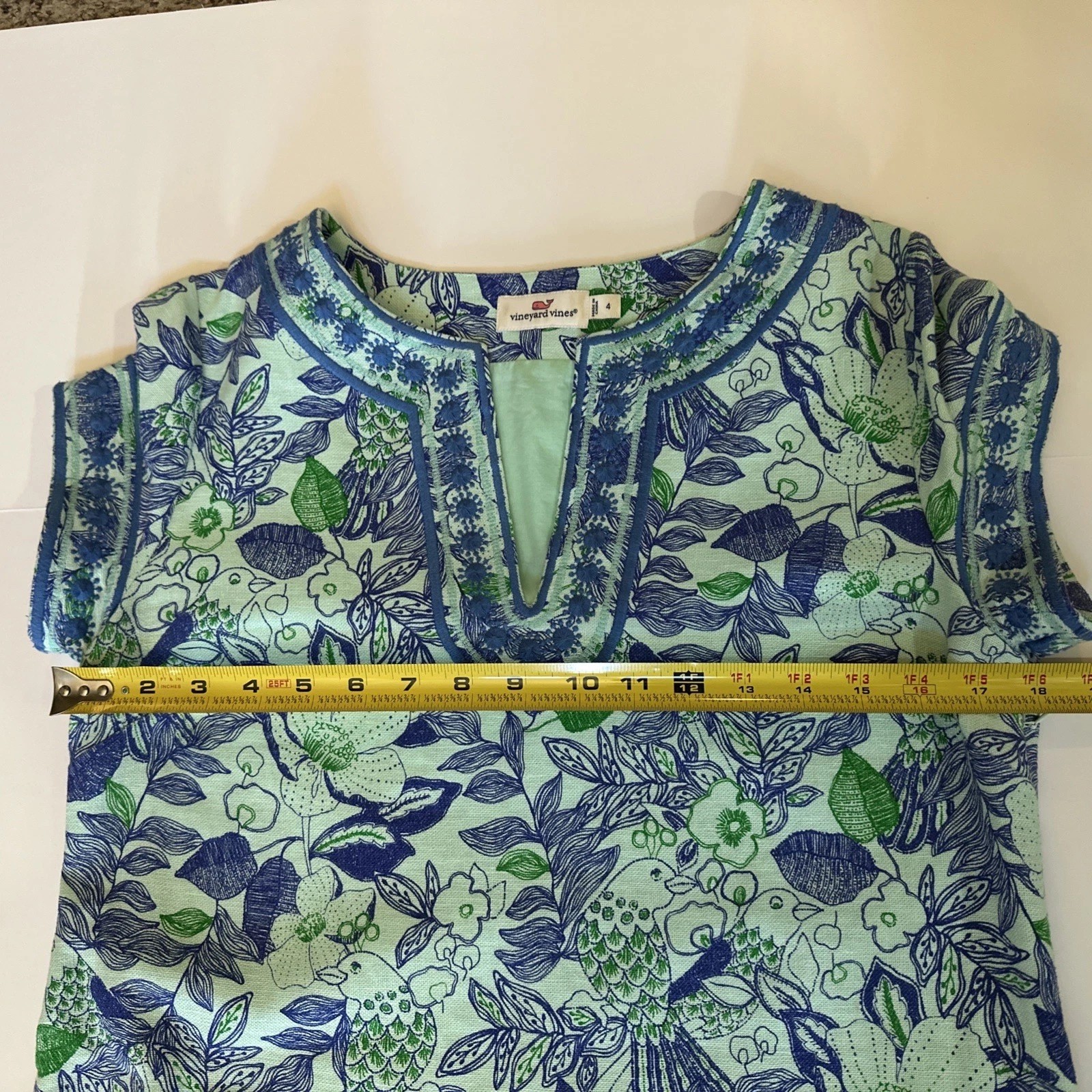 Vineyard Vines Blue Linen Blend Cordia Floral Bird Embroidered Tunic Dress Sz 4